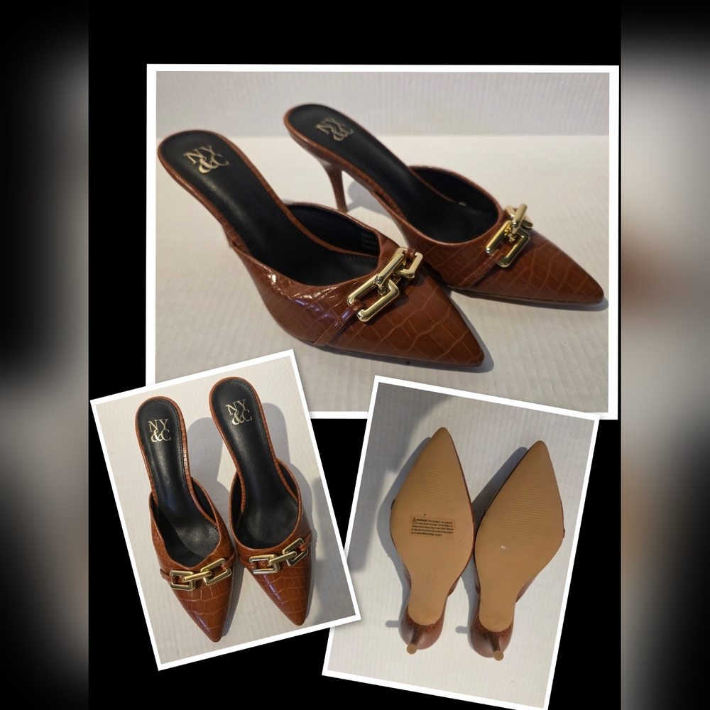 New York & Company Tan Croc-Patterned Heels with Gold Buckle